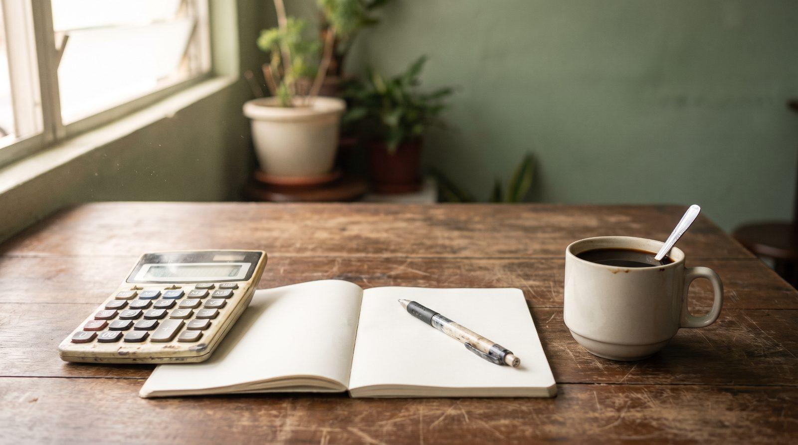 A calculator, an open notebook with a pen and a cup of local kopi on a wooden table, morning light