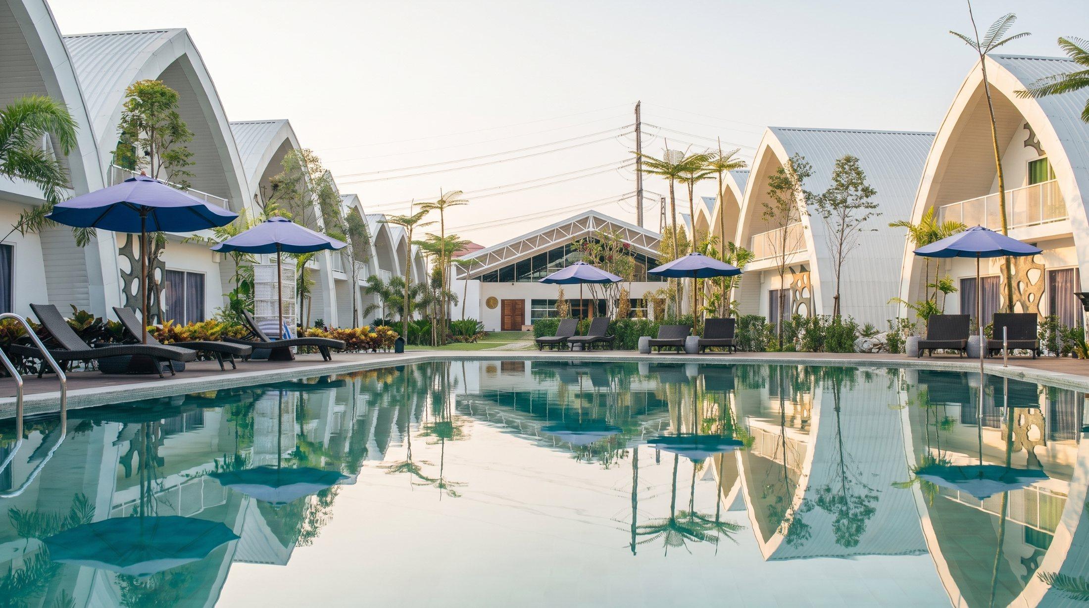 The pool at the Salus retreat, Dash Box Hotel, Cyberjaya, lined with white arched pods and blue parasols