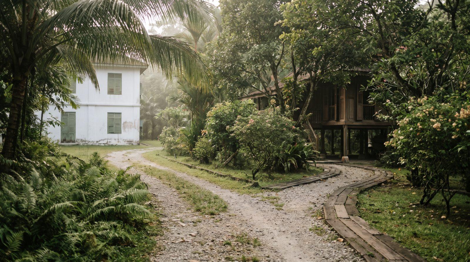 Two garden paths, one to a plain white government building, the other to a wooden house among trees