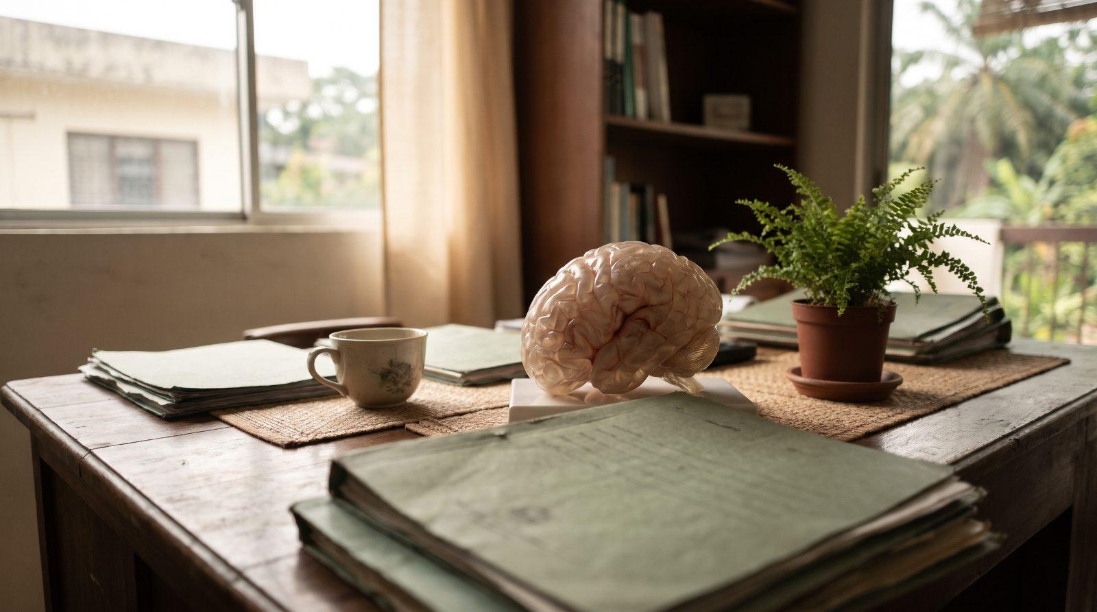 A translucent anatomical brain model on a doctor's wooden desk, natural window light